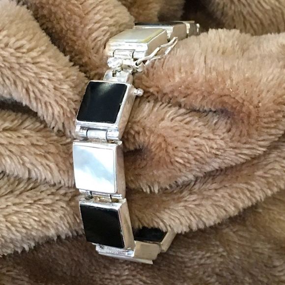 Art Deco Black Onyx White Mother of Pearl Sterling Silver Bracelet - Picture 1 of 10